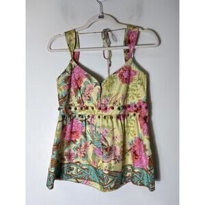 Plenty Chartreuse Floral Empire Waist Beaded Silk Top Sz 6